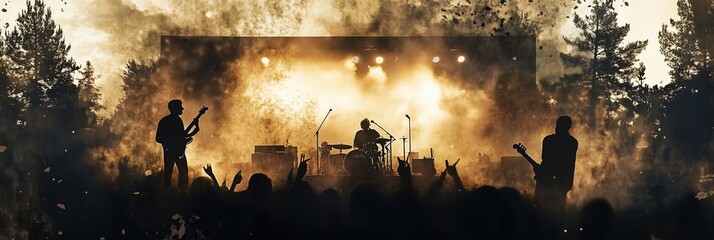 Outdoor concert featuring energetic band performance with organic textures during sunset