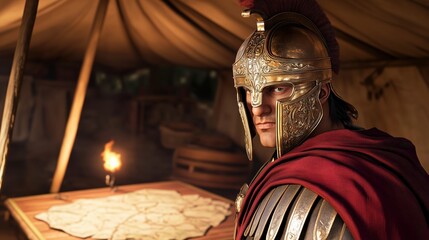 Focused Warrior Mapping Strategy In Candlelit Room.