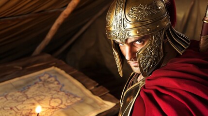 Intense Soldier Planning Conquest With Ornate Map.