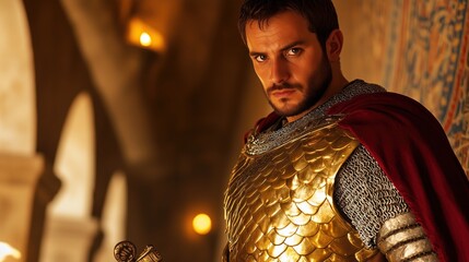 Medieval Knight With Bold Demeanor In Golden Armor.