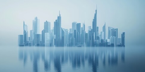 Fototapeta premium A futuristic city skyline reflecting on calm water surface