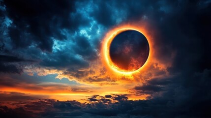 Dramatic solar eclipse, dark clouds, fiery sun