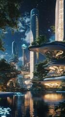 Futuristic City Architecture Nestled Amidst Lush Vegetation Under Starry Skies
