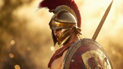 Courageous Warrior Gazing Back, Shield In View