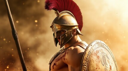 Ancient Spartan Warrior Ready For Battle With Spear.