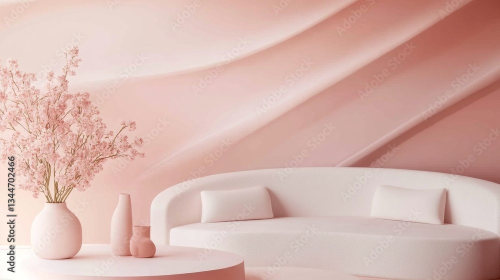 Poster a cozy living area features a soft pink curved sofa paired with minimalist vases and delicate flower