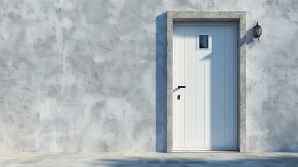 White Door Against a Gray Concrete Wall in Sunlight