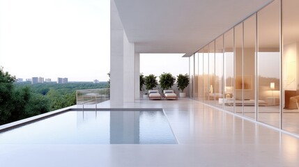 Fototapeta premium Modern penthouse with pool and patio. Spacious, minimalist design offering city views