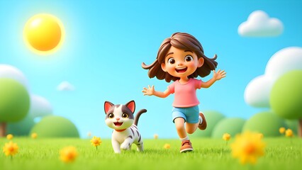 Fototapeta premium Little girl and kitten in the sun