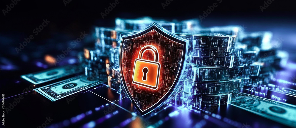 Aufkleber A digital representation of banking security features, highlighting a shield with a lock symbolically guarding stacks of money amidst a backdrop of technological elements.