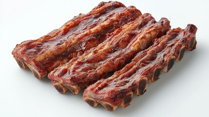 Four shiny grilled ribs ready to eat isolated on white background
