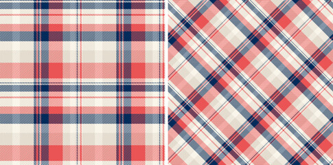 Two vibrant plaid patterns in coral, beige, and navy.  Perfect for textile design, apparel, home decor, and website backgrounds.