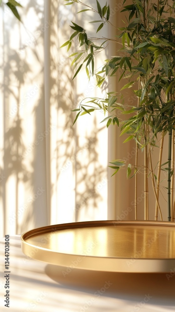 Aufkleber in a serene indoor space, golden light flows through a window, illuminating delicate bamboo leaves b