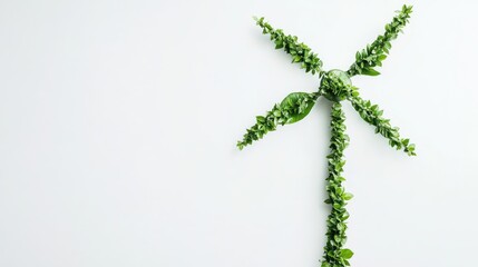 Obraz premium A wind turbine shaped from lush green leaves, symbolizing renewable energy. White background for customizable text.