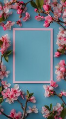 Obraz premium Colorful Blossoms Frame a Blank Space on a Blue Surface for Creative Design Projects or Invitations