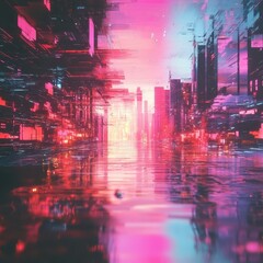 Fototapeta premium Futuristic city reflecting in a liquid surface with bright neon colors