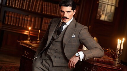 Gentleman In Library Exuding Classic Style And Charm.