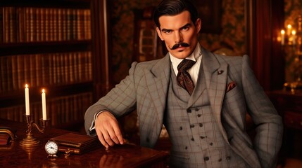 Handsome Man With A Mustache In Rich Library