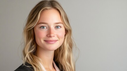 Fototapeta premium A young woman with long, wavy hair and sparkling eyes exudes confidence as she smiles warmly. The soft neutral background complements her radiant presence, showcasing her vibrant energy