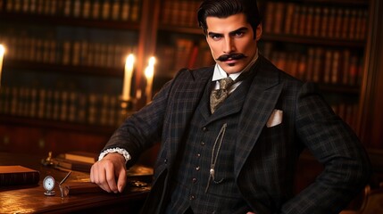 Sophisticated Man In Plaid Suit Amidst Historic Books.