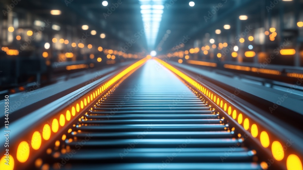 Poster automated conveyor belt system in a futuristic factory. illuminated by orange lights, this high-tech