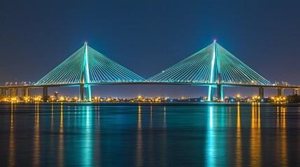 Obraz premium Illuminated cable-stayed bridge at night over water