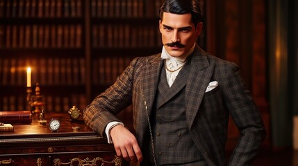Victorian-Era Gentleman Posing In Opulent Library