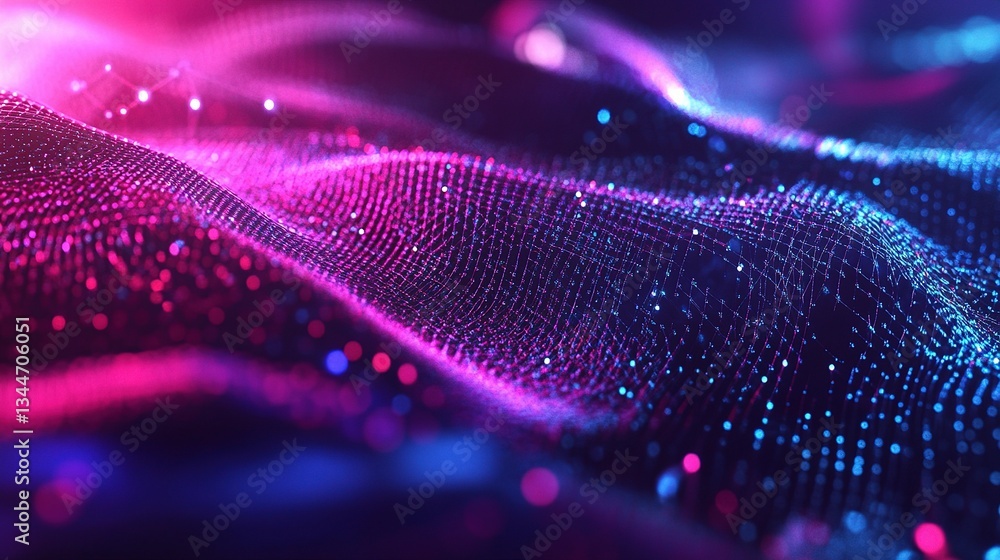 Poster abstract background with moving dots and lines in neon colors