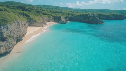 Aerial View of Secluded Turquoise Beach with Rocky Coastline