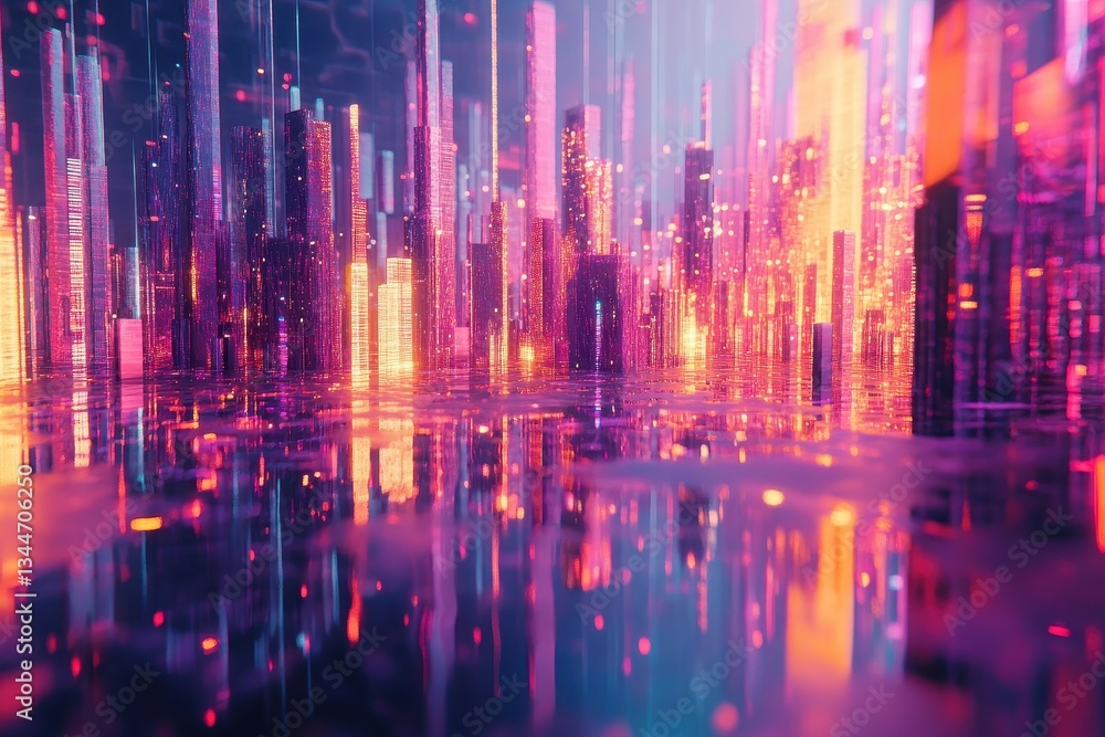 Poster a vibrant colorful cityscape with reflections and illuminated structures