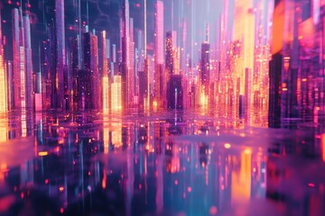 Obraz premium A vibrant colorful cityscape with reflections and illuminated structures
