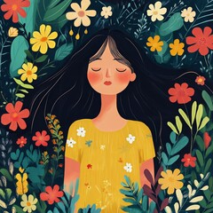Girl in Yellow Dress Surrounded by Vibrant Flowers in a Lush Garden