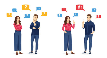 Man and woman in casual clothes thinking and making idea pointing up isolated on white background vector illustration