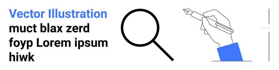 Hand holding a pen sketching, large magnifying glass, and placeholder text in bold letters. Ideal for education, creativity, design, research, writing, branding simple landing page