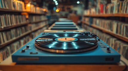 Vintage turntable with vinyl records in the library. 