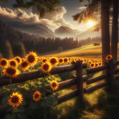 Obraz premium Sunflowers blooming behind wooden fence at sunset in Dolomites