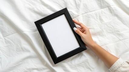 Black Picture Frame in Hand on White Fabric, Ideal for Mockups or Home Decor Themes, Featuring Isolated Shot and Product Placement