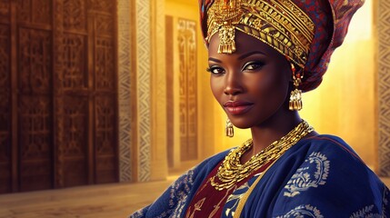 Woman Wearing Ceremonial Headdress In Royal Backdrop