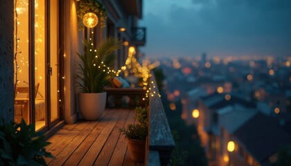 Cozy balcony adorned with fairy lights and plants overlooking the city at dusk during Earth Hour.