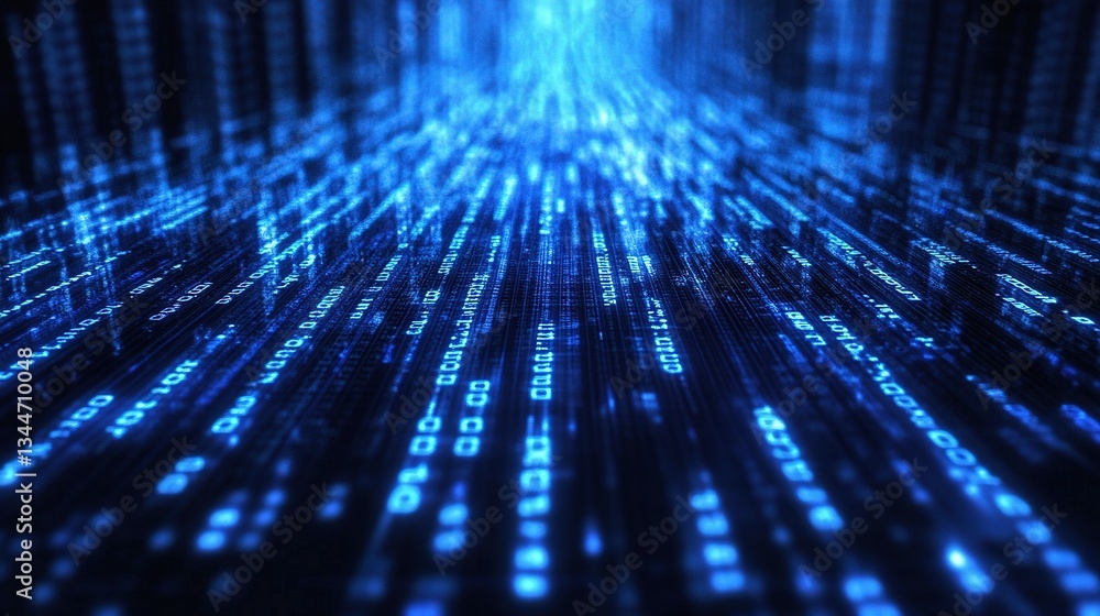 Poster blue binary code stream cascading down in digital environment