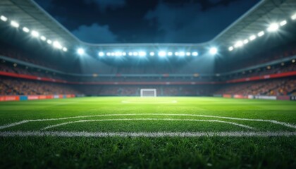 Night photo of soccer game field with entrance to stadium. Empty grandstand. Textured lawn, midfield. Champion league arena background. International competition, sport event, glow, nobody, spectator