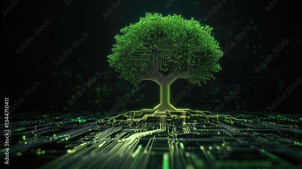 Poster glowing green circuit board in the shape of a tree, blending technology with nature. space for text 