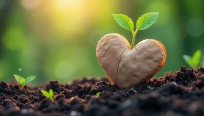Heart-shaped stone with a young plant sprouting, symbolizing green footprint during Earth Hour.