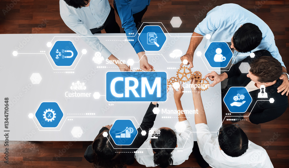 Aufkleber A diverse team collaborating on CRM strategies using modern technology. Visual symbols illustrate workflow and management tools for enhanced customer engagement and business growth. Amity