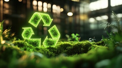 Glowing neon eco-symbols emerging from a moss-covered industrial complex, showing sustainability. White space for text on the right.