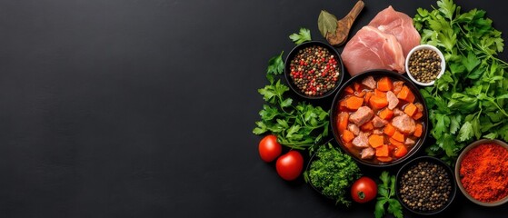 A black background with a variety of vegetables and meat