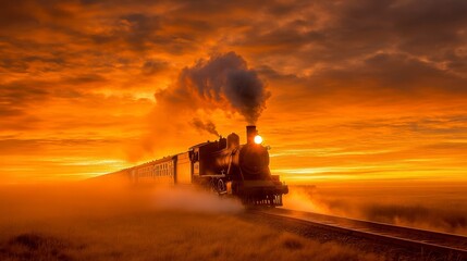 A vintage steam train travels through a dramatic sunset landscape, emitting smoke, creating a nostalgic and atmospheric scene.