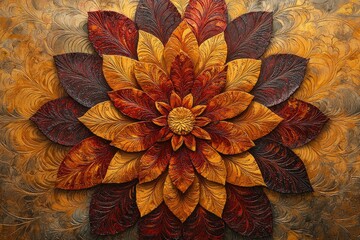 Intricate autumnal flower, crafted from richly textured, layered leaves in warm, earthy tones.