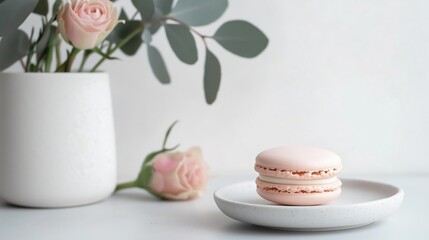 White vase with pink roses and eucalyptus leaves on a white surface. on the left side of the image, there is a small white plate with a pink macaron on it.