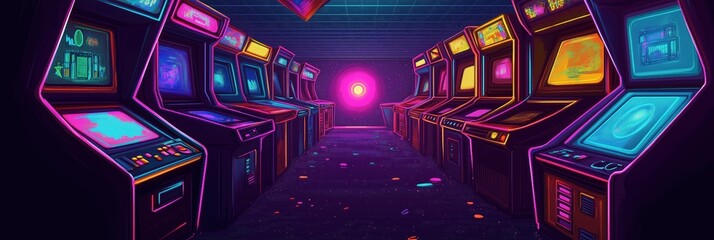 Arcade game banner showcases vibrant pixel art style in a retro gaming environment